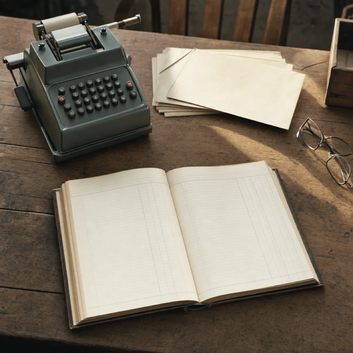 An open blank ledger with a calculator, envelopes and reading glasses on an oak desk in morning light.