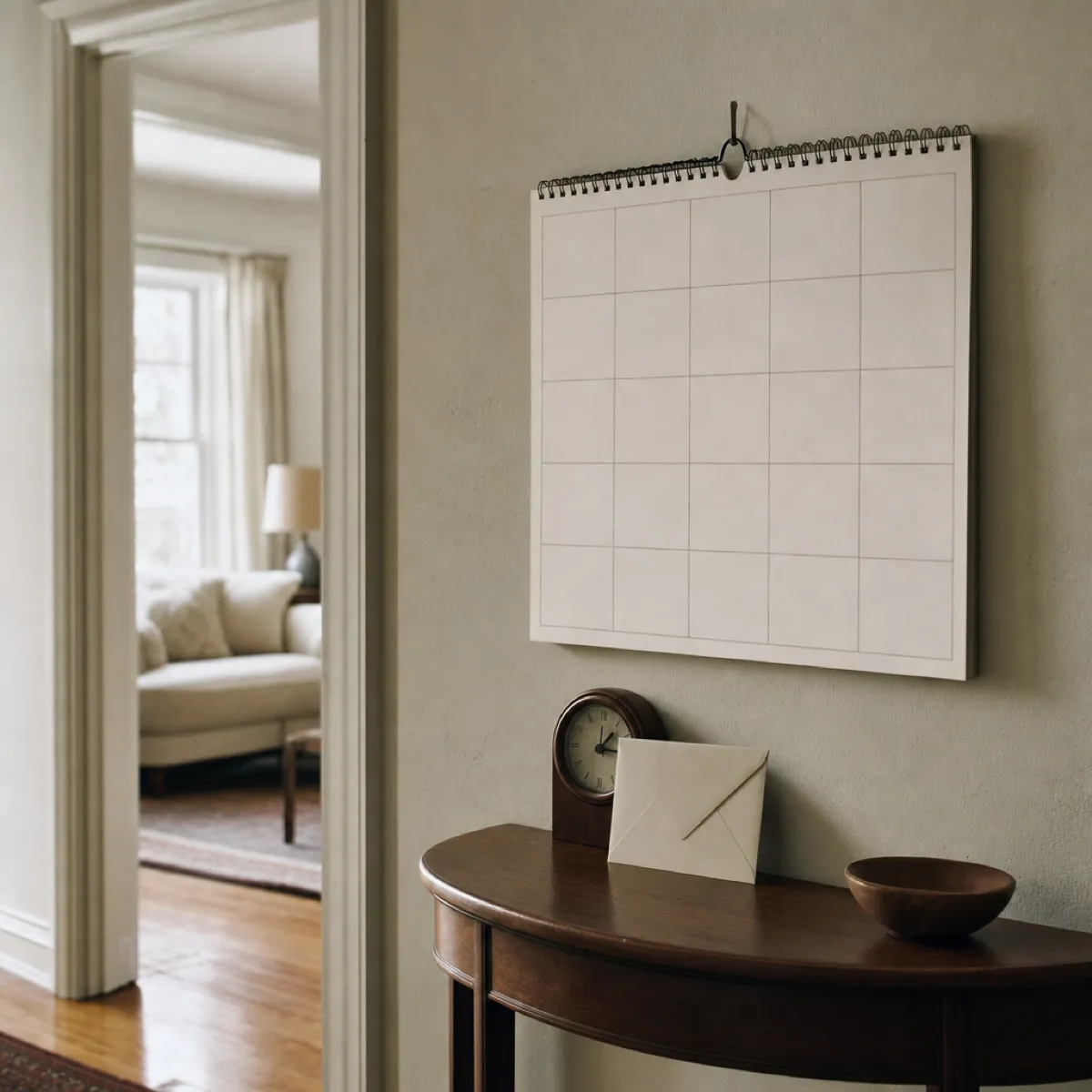 A blank wall calendar above a hallway table where an envelope leans against a small clock.