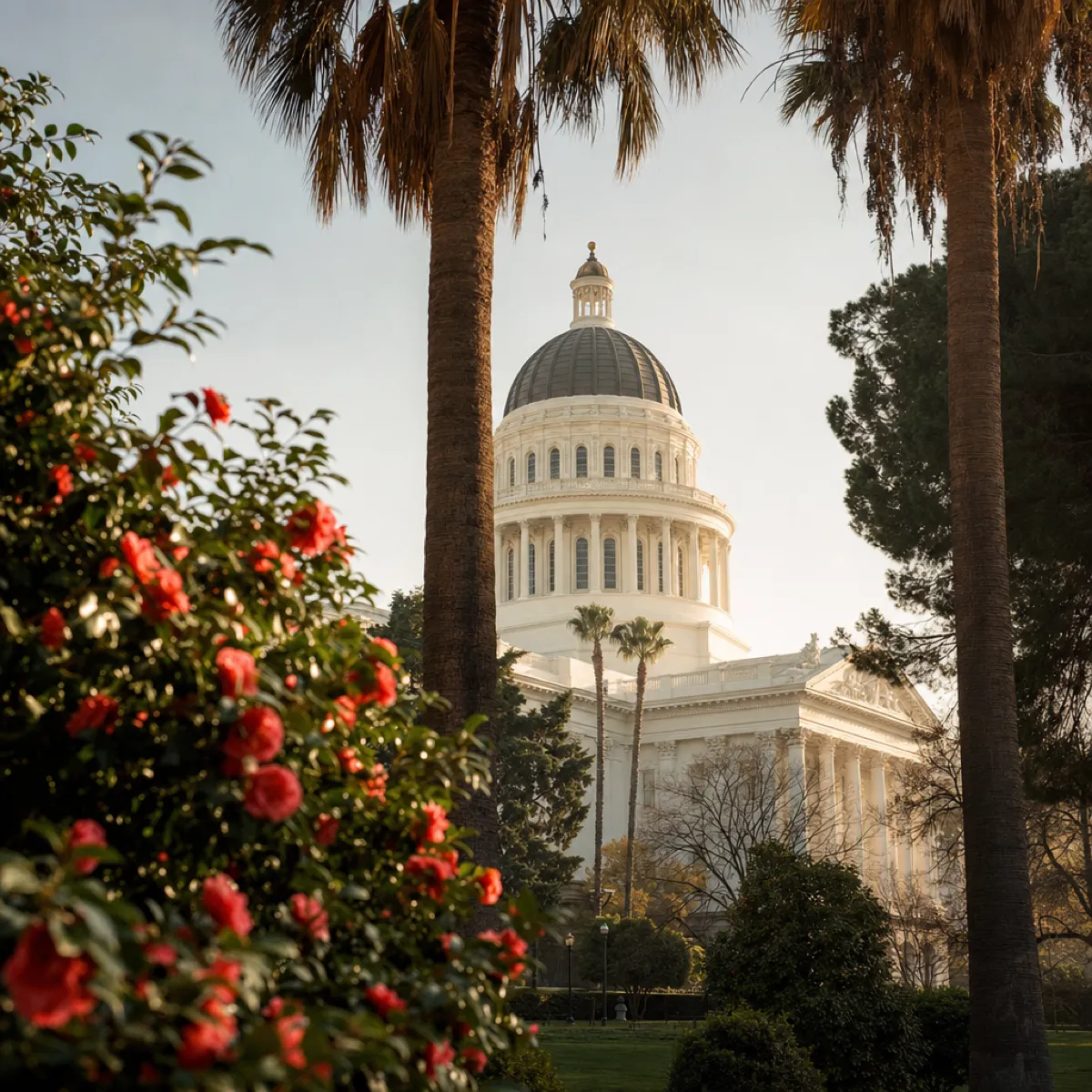 The white dome of the California State Capitol framed by palm trees and camellias in golden light.