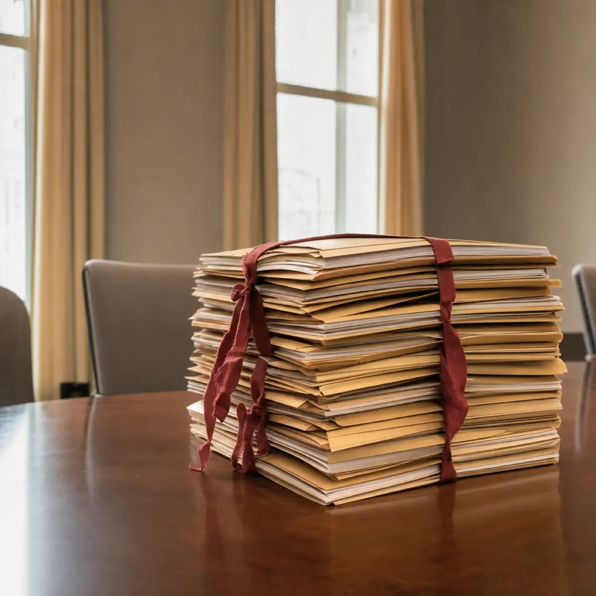 A tall stack of manila legal folders bound with red ribbon on a polished conference table, tall windows behind.