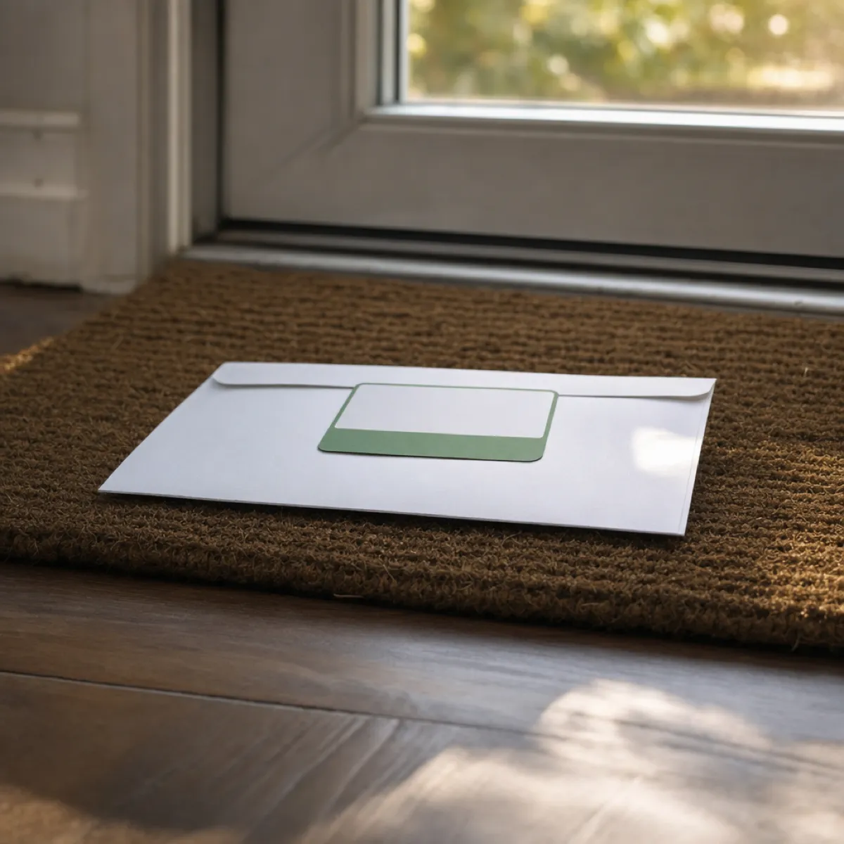 A white envelope with a green return-receipt card attached, lying on a doormat inside a front door.