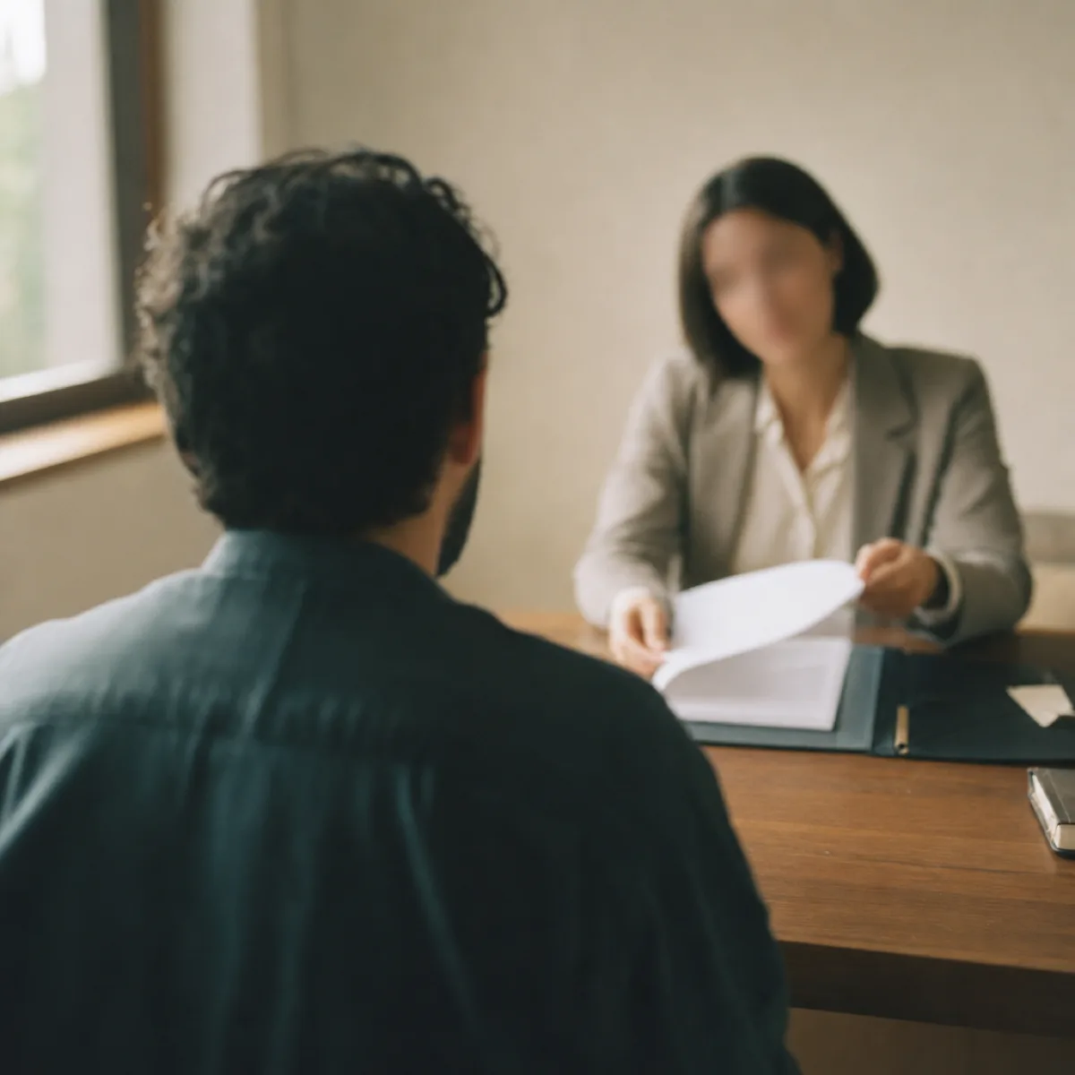 A person seated across a desk from a professional who is turning a document toward them.