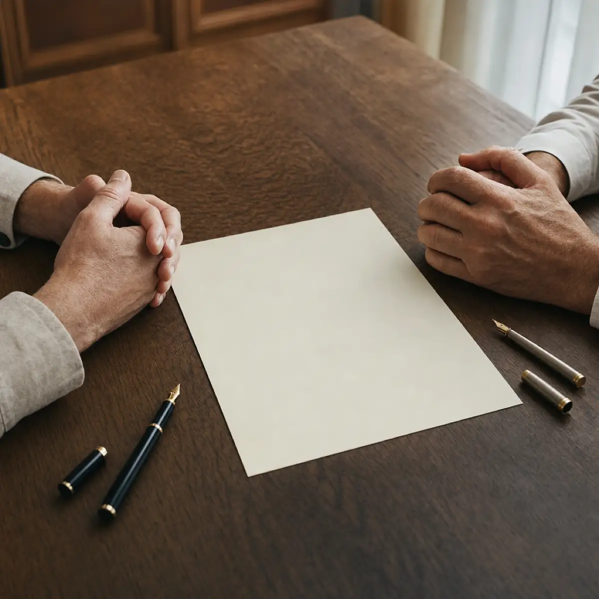 Two pairs of hands resting folded on opposite sides of a single document on a dark wood table, two uncapped fountain pens untouched beside it.