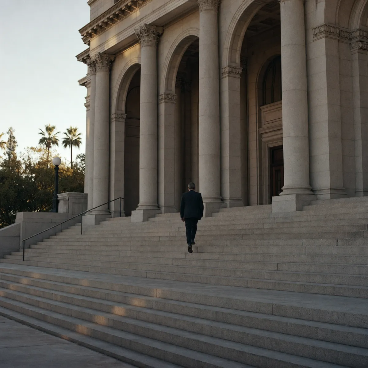 Granite steps and columns of a classical California courthouse in early light, one small figure ascending.