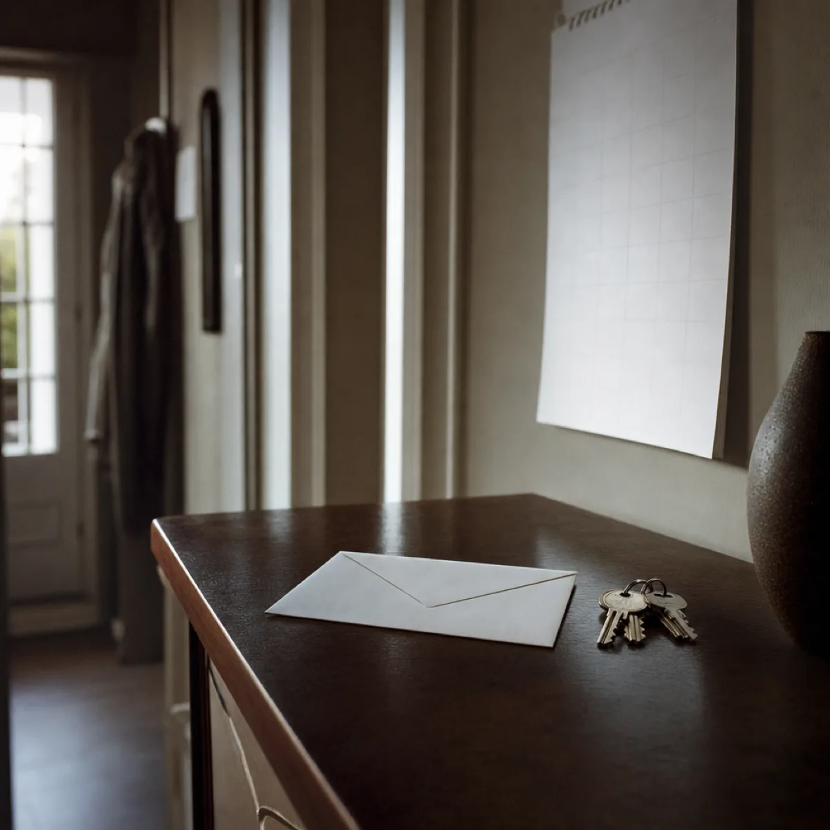 An unopened envelope resting on a hallway table beside a set of house keys, with a calendar out of focus behind it.