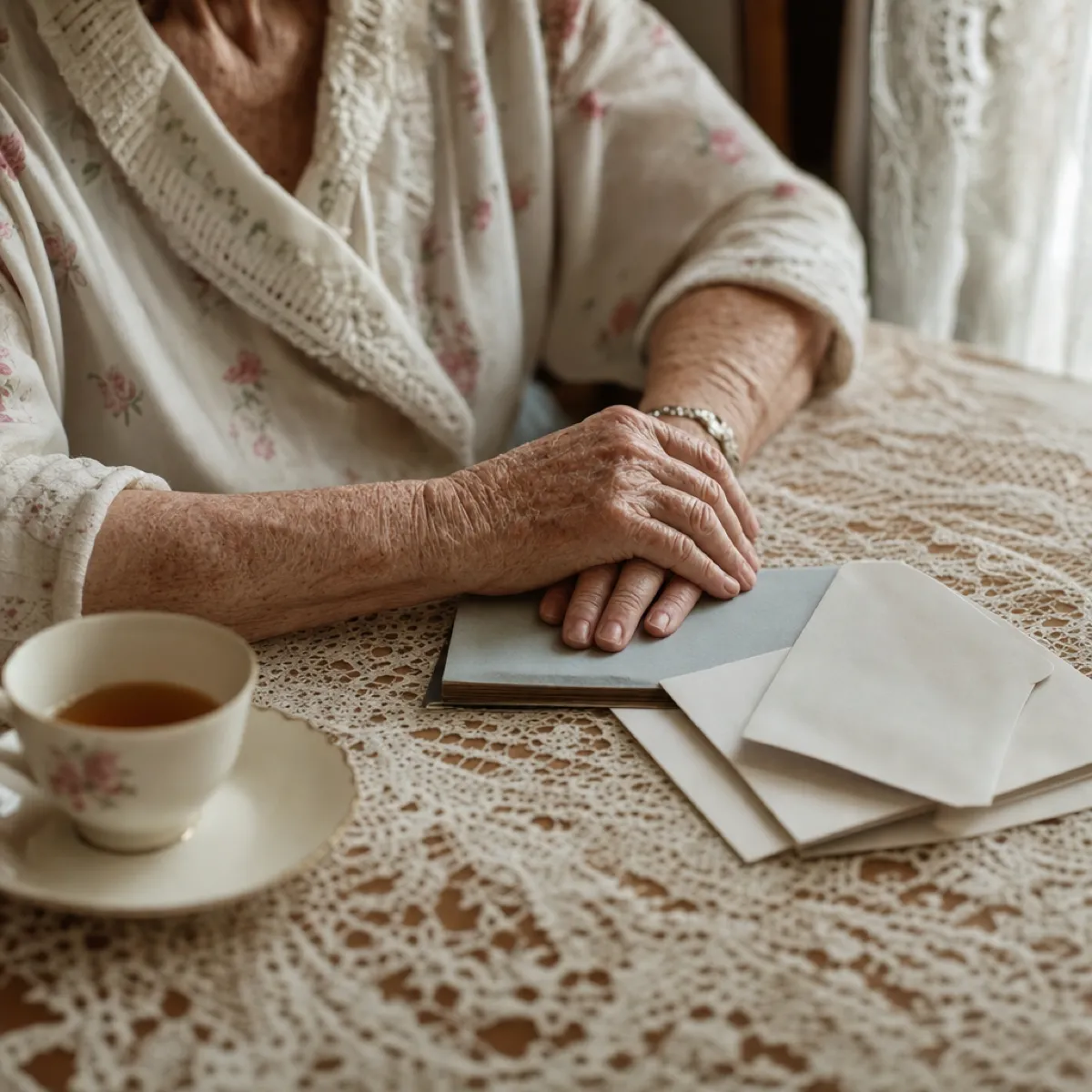 An elderly woman’s hands resting on a closed checkbook and blank bank envelopes at a lace-covered table.
