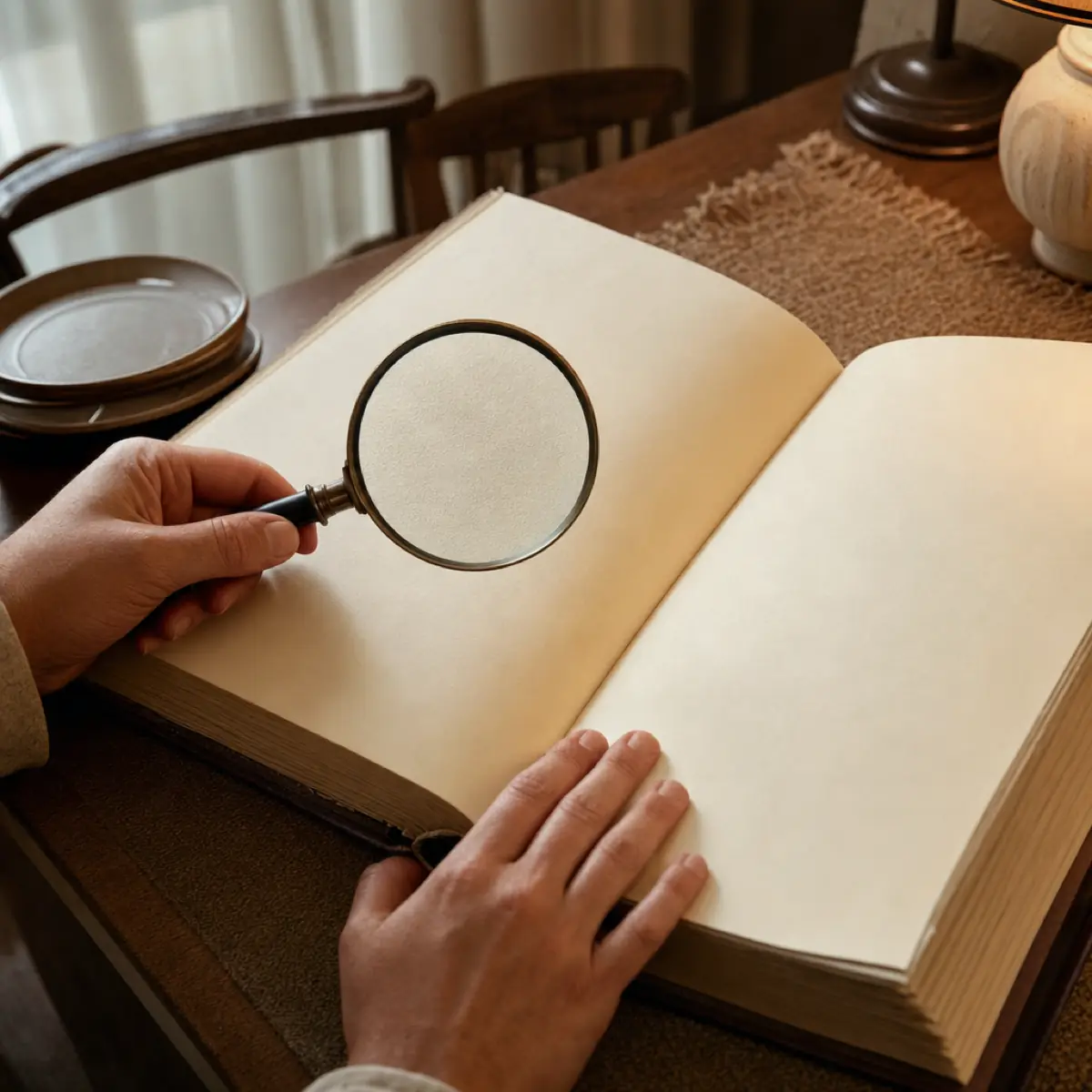A magnifying glass held over one page of a thick bound document open on a dining table, a hand steadying the page under warm lamp light.