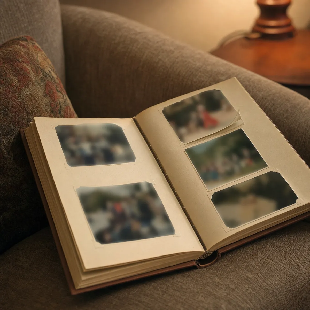 An open family photo album on a sofa cushion, photographs softly blurred, warm lamp light.