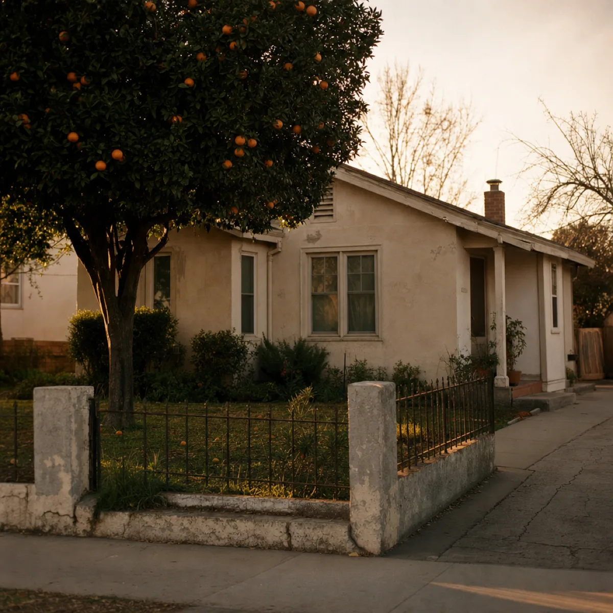 A modest single-storey California family home at golden hour, with a mature citrus tree in the front yard.
