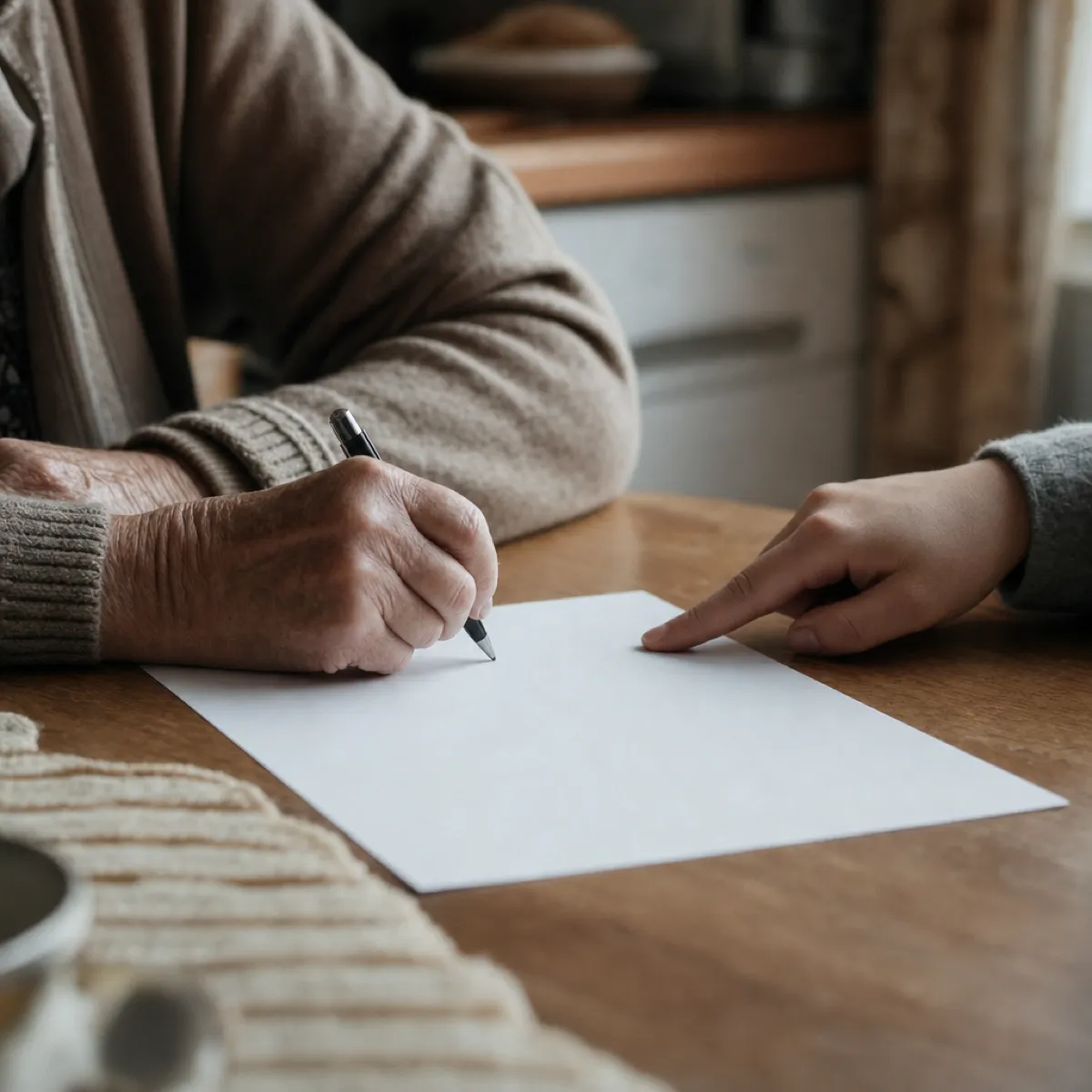 An elderly hand holds a pen over a blank page while a younger hand points at the paper, faces out of frame.