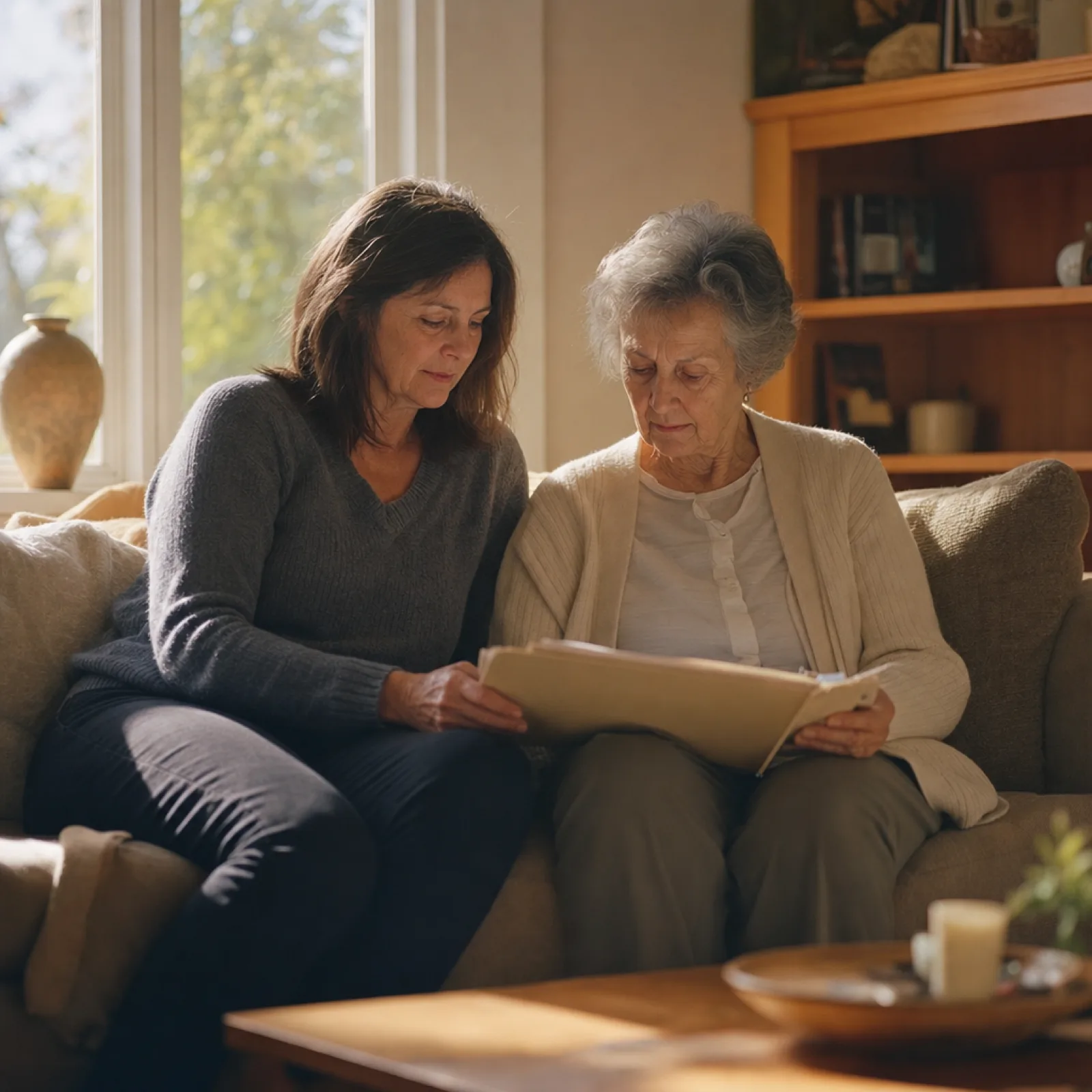 An adult daughter sits beside her elderly mother, the two of them reading through a folder of papers together in a sunlit living room.