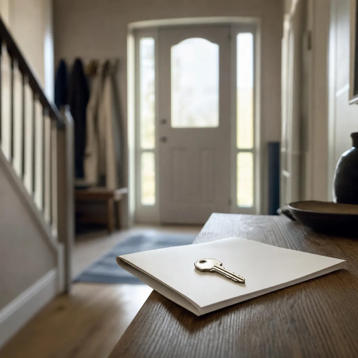 A house key resting on a folded property document on a hallway table, a front door blurred behind.