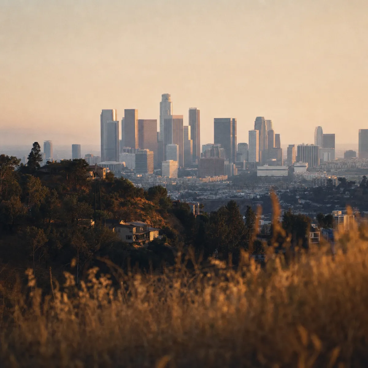The downtown Los Angeles skyline at golden hour seen from a hillside with dry grasses in the foreground.