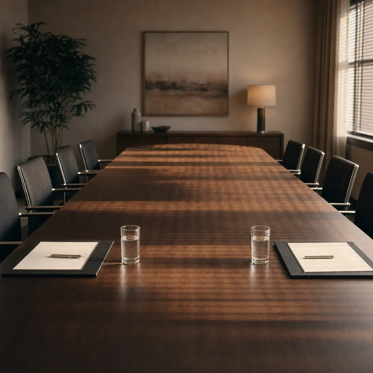 A long conference table set with water glasses and blank legal pads, empty chairs, blinds casting light.