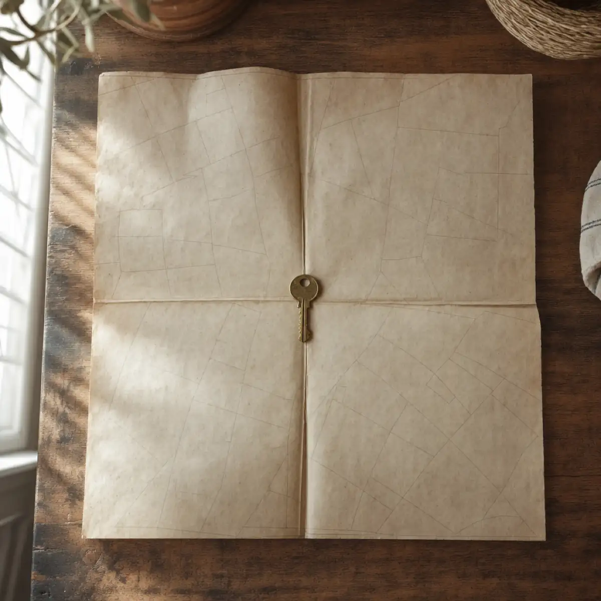 A folded property parcel survey map spread flat on a wooden table, a single brass house key resting at the centre.