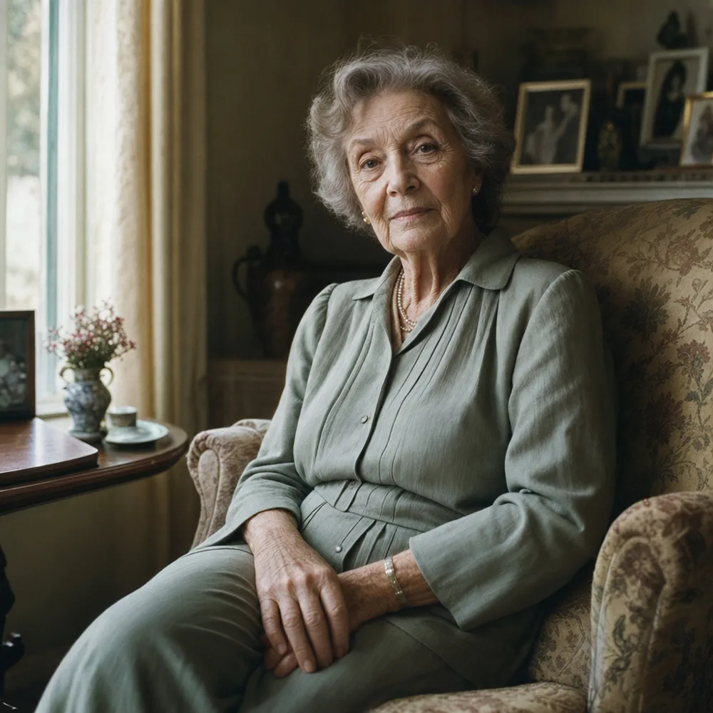A framed portrait of an older person on a side table beside a pair of reading glasses and a folded newspaper.
