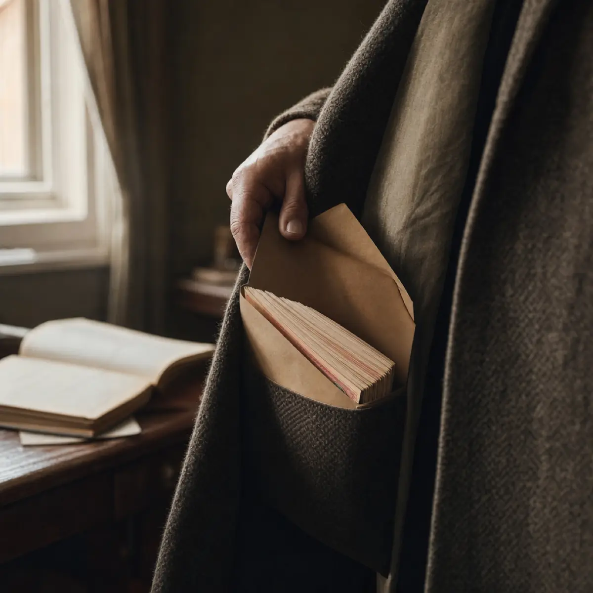 A hand slipping a thick envelope of banknotes into the inside pocket of a hanging wool coat, an open ledger left on the desk behind.