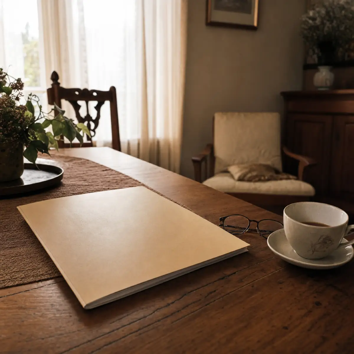 A closed document folder set down on a dining table beside reading glasses and a half-finished cup of tea, an empty armchair out of focus behind.
