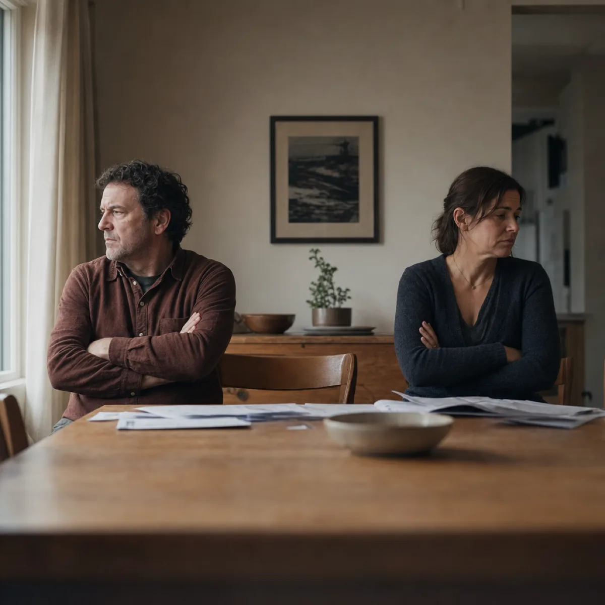 Two adult siblings sit at opposite ends of a dining table with papers between them, neither looking at the other.