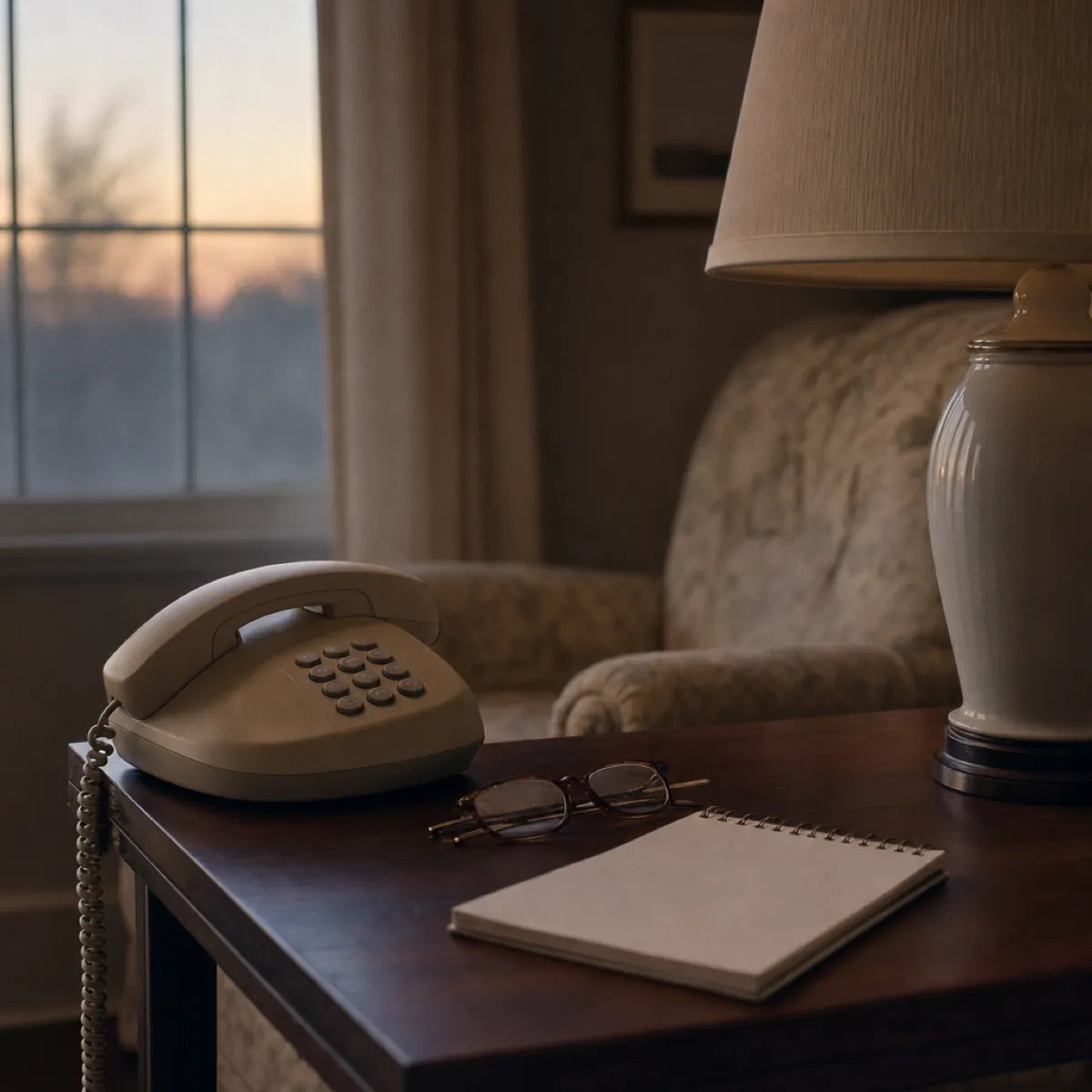 A landline telephone beside folded reading glasses and a blank notepad in a quiet living room at dusk.