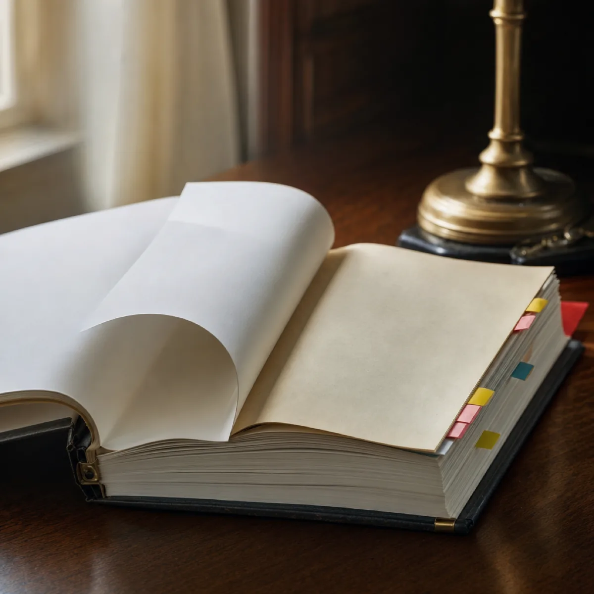A thick bound document open under a brass lamp, one page lifted mid-turn to reveal an older, yellowed page beneath a newer white sheet, coloured tabs along the edge.