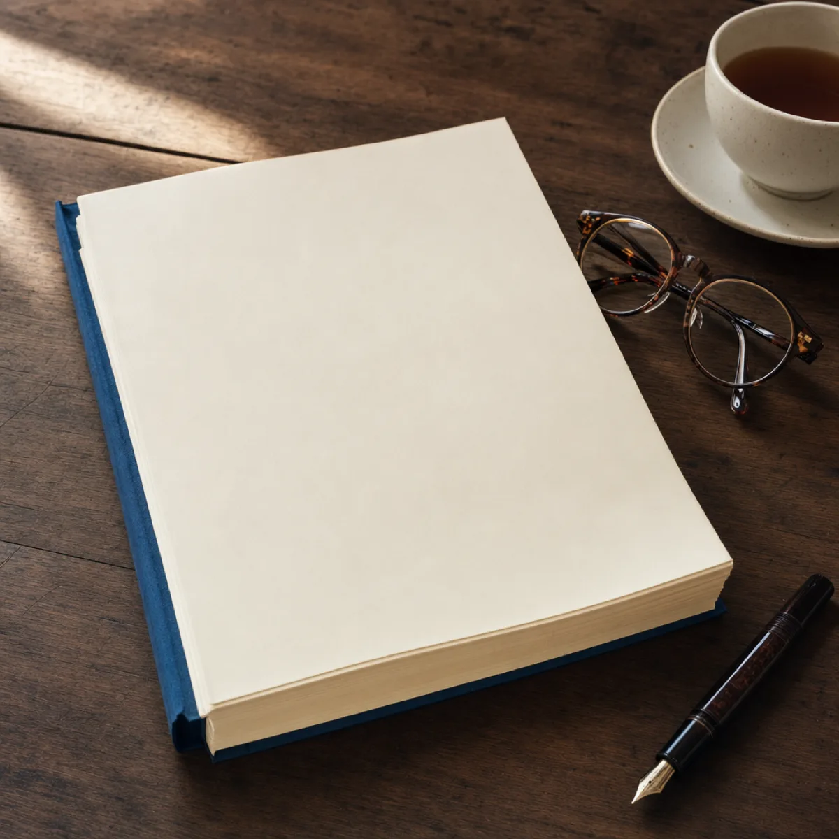 A legal document with a blue backing cover, folded reading glasses and a fountain pen on a worn wooden desk.