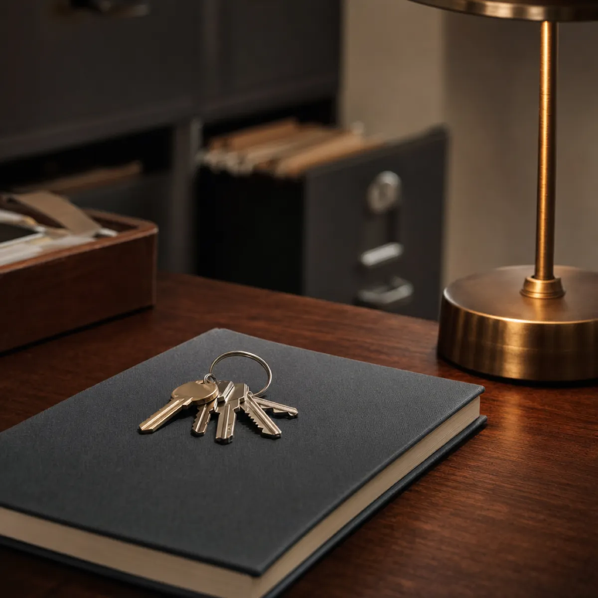 A ring of old keys and a closed grey ledger on a dark wooden desk, a filing cabinet drawer ajar behind.