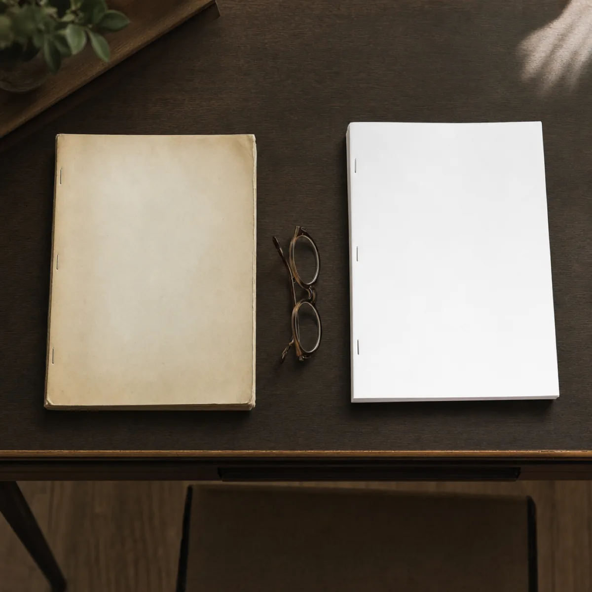 Two stapled documents laid side by side on a dark desk, one aged and yellowed, the other crisp and white, a pair of reading glasses between them.