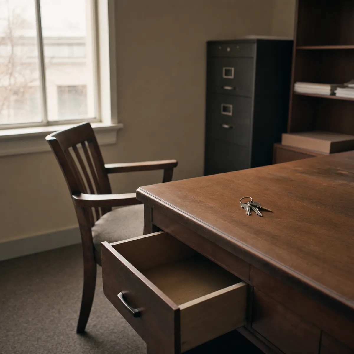 An office desk just vacated: a drawer left half open and empty, a chair pushed back, a small ring of keys left behind on the bare desk.