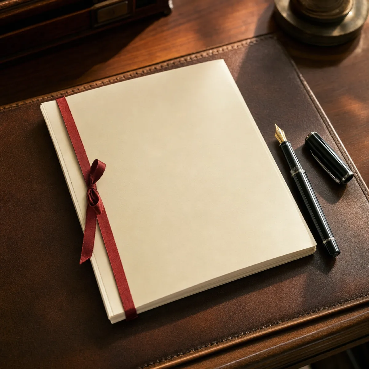 A cream document bound with a ribbon on a leather desk pad, an uncapped fountain pen beside it.