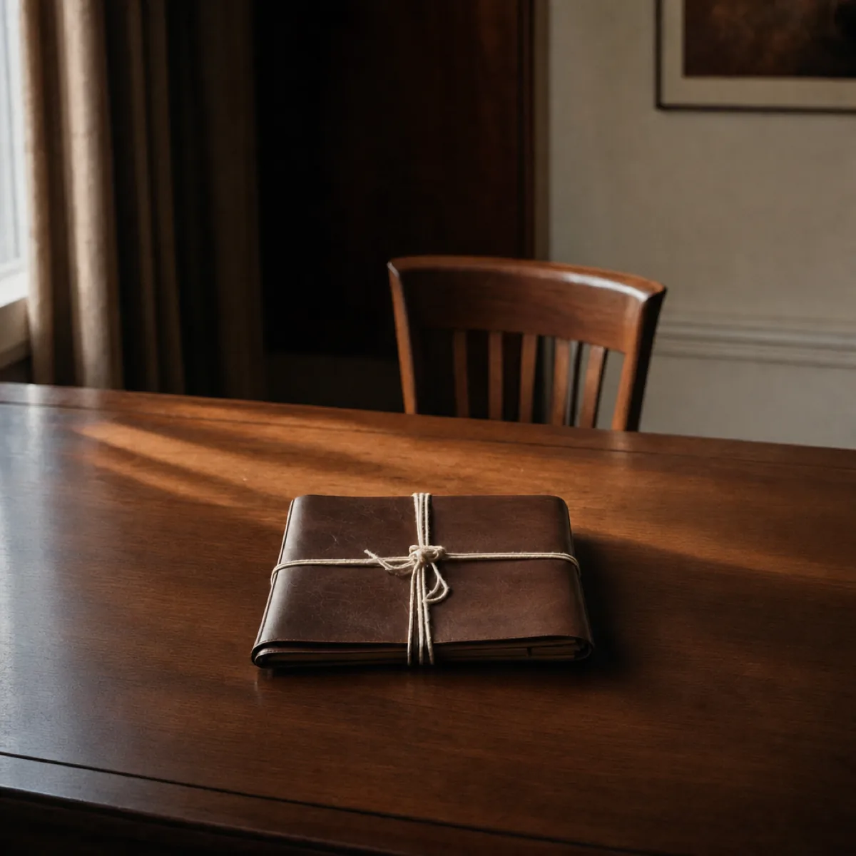 A leather document folder tied shut with cord on an otherwise empty dining table, an empty chair pulled up on the far side.